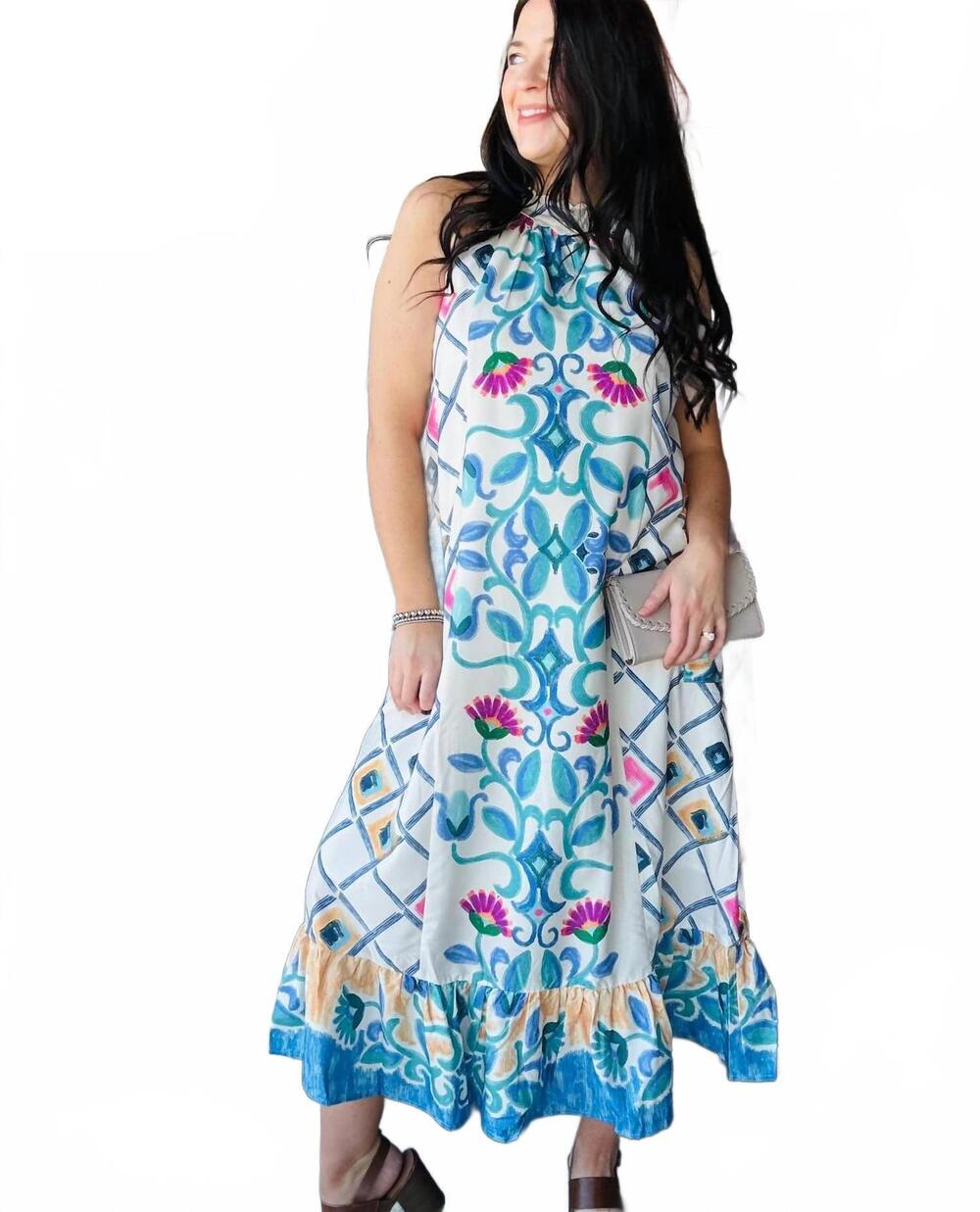 NEW UMGEE women's chambray mix halter dress in blue